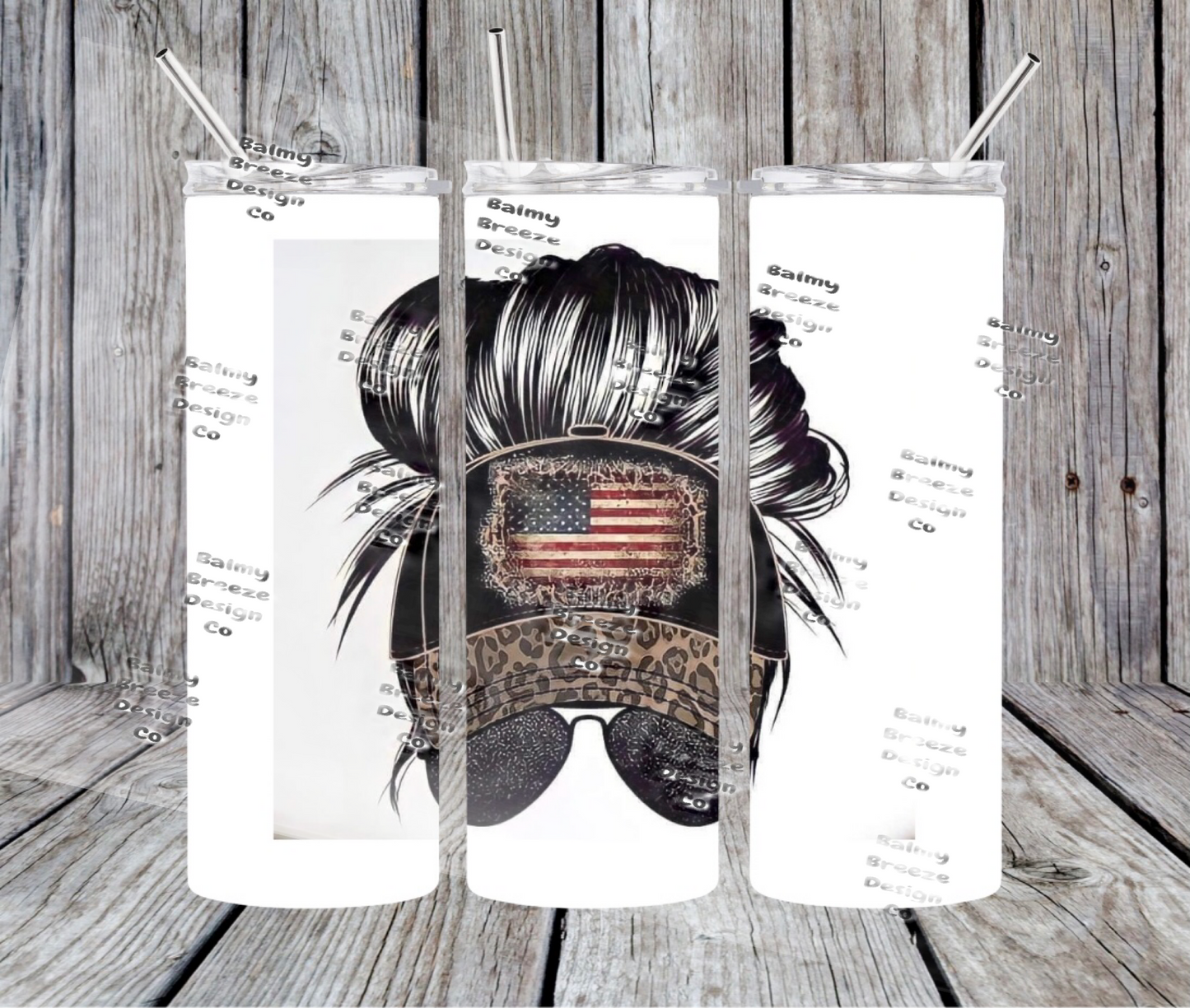 American Flag messy bun Tumbler