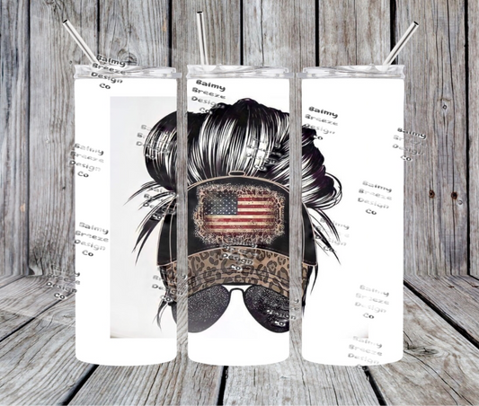 American Flag messy bun Tumbler